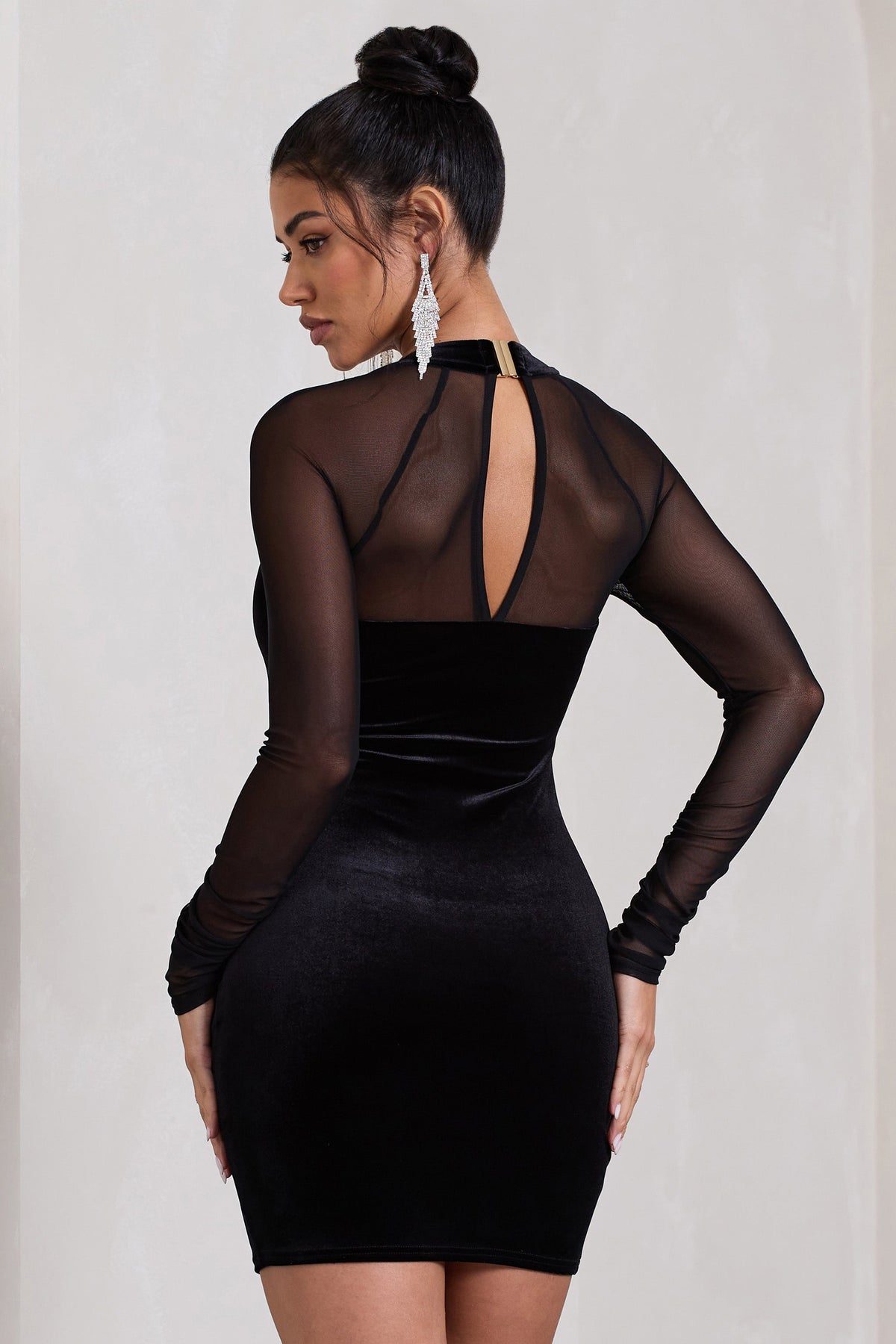 Off-Piste Black Velvet Bodycon Mini Dress With Sheer Sleeves