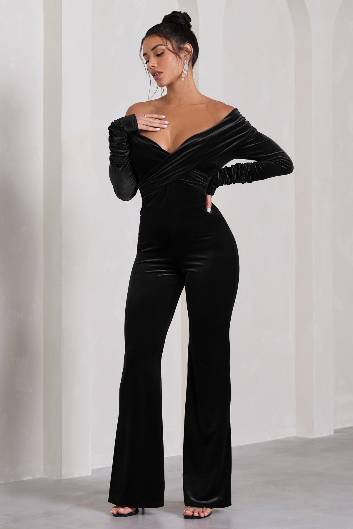 Borealis Black Velvet Long-Sleeved Bardot Jumpsuit – Club L London - USA
