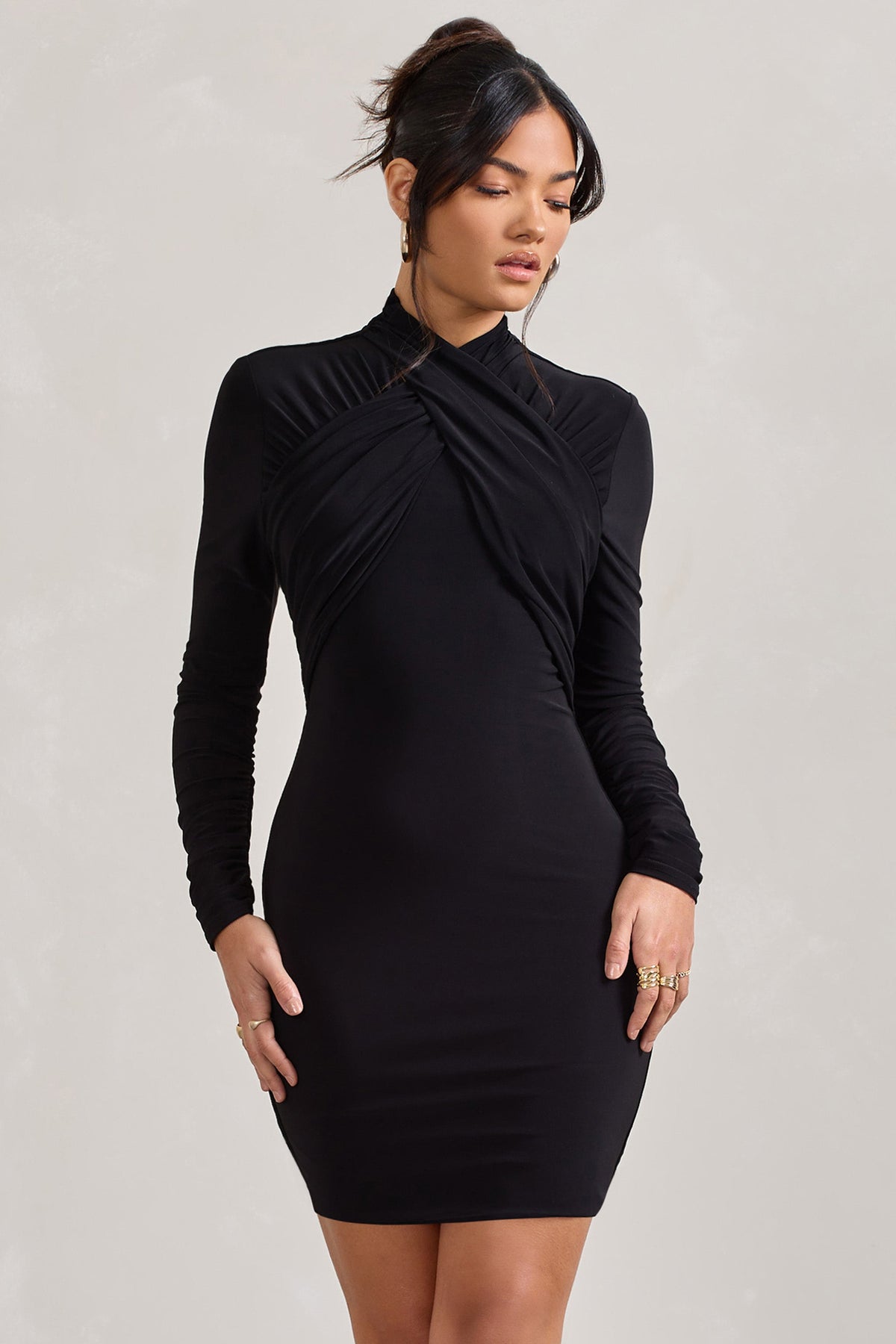 Eve Black Crossed-Neck Long-Sleeved Bodycon Mini Dress – Club L London ...