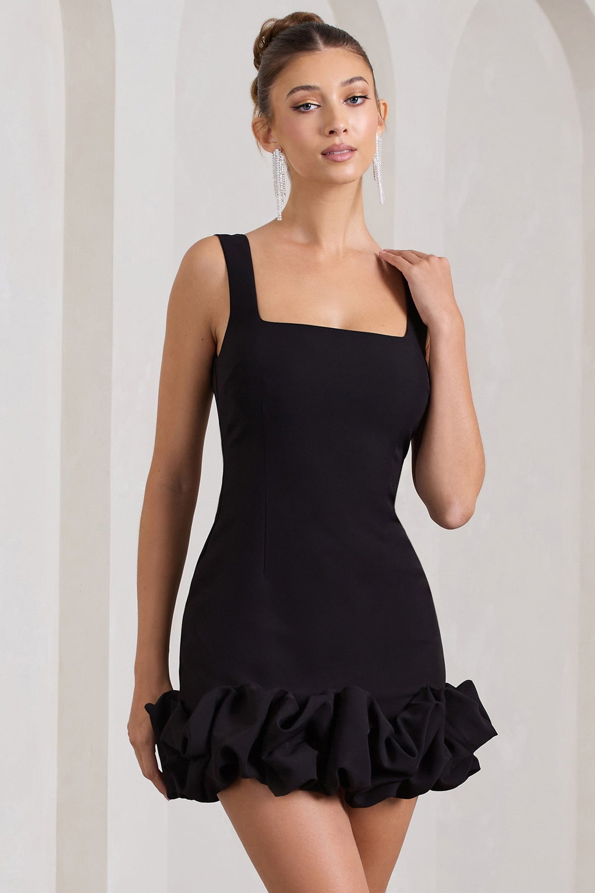 Lucy Black Strappy Mini Dress With Ruffle Trim – Club L London - USA