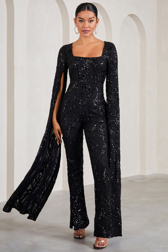 Cher | Black Sequin Lace Square-Neck Jumpsuit With Cape Sleeves