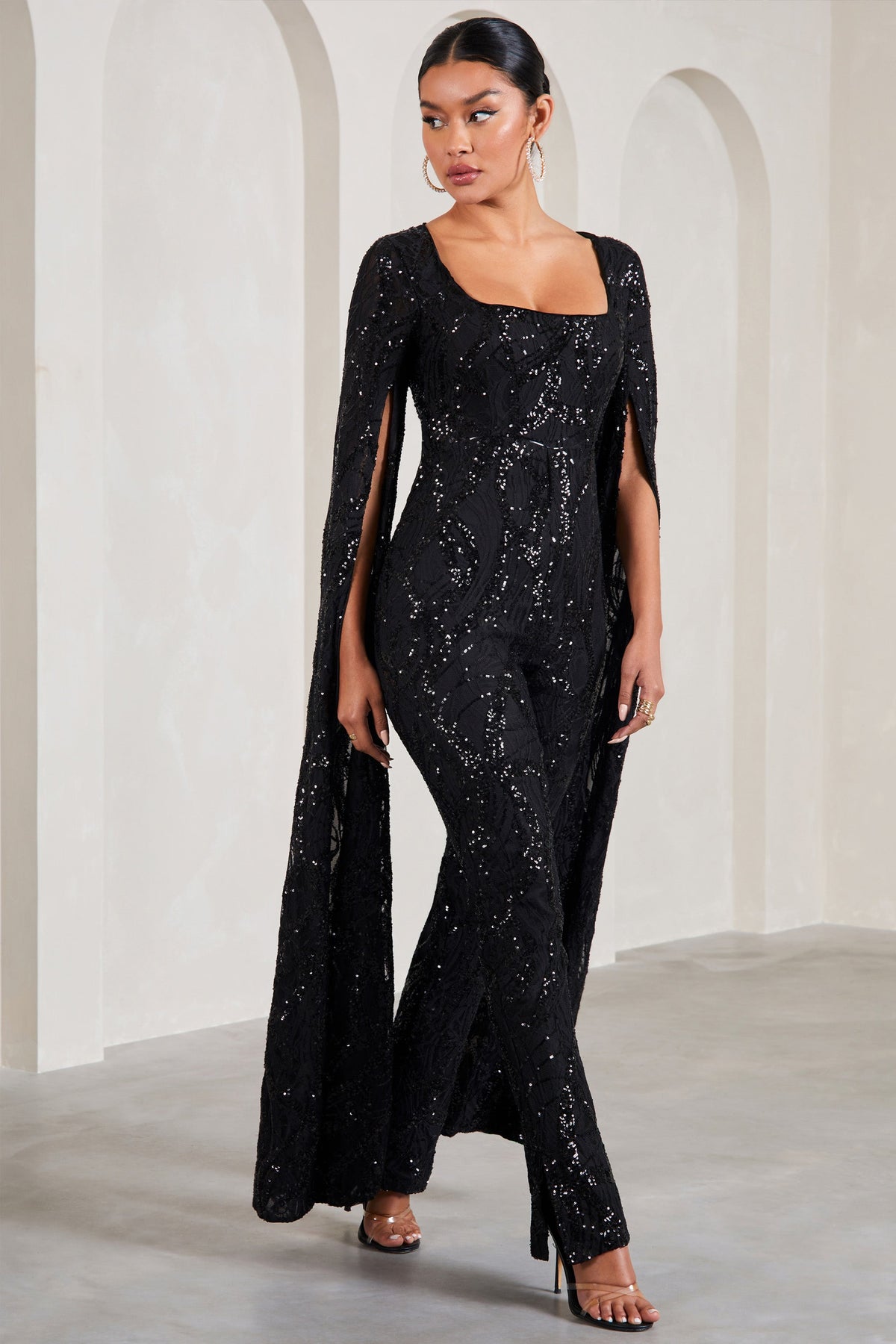 Cher Black Sequin Lace Square-Neck Jumpsuit With Cape Sleeves – Club L  London - USA