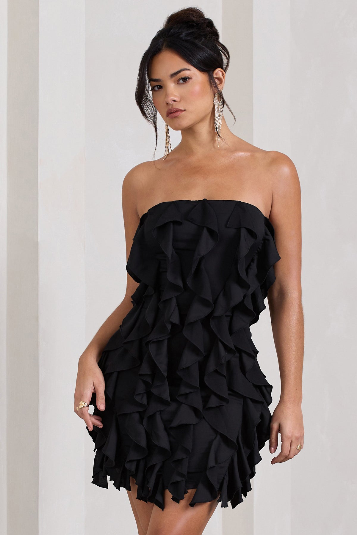 It Girl Black Bandeau Bodycon Mini Dress With Ruffles Club L London - USA It Girl Black Bandeau Bodycon Mini Dress With Ruffles Club L London - USA
