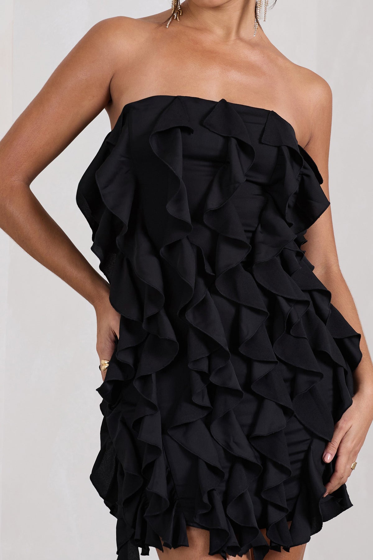 It Girl Black Bandeau Bodycon Mini Dress With Ruffles Club L London - USA It Girl Black Bandeau Bodycon Mini Dress With Ruffles Club L London - USA