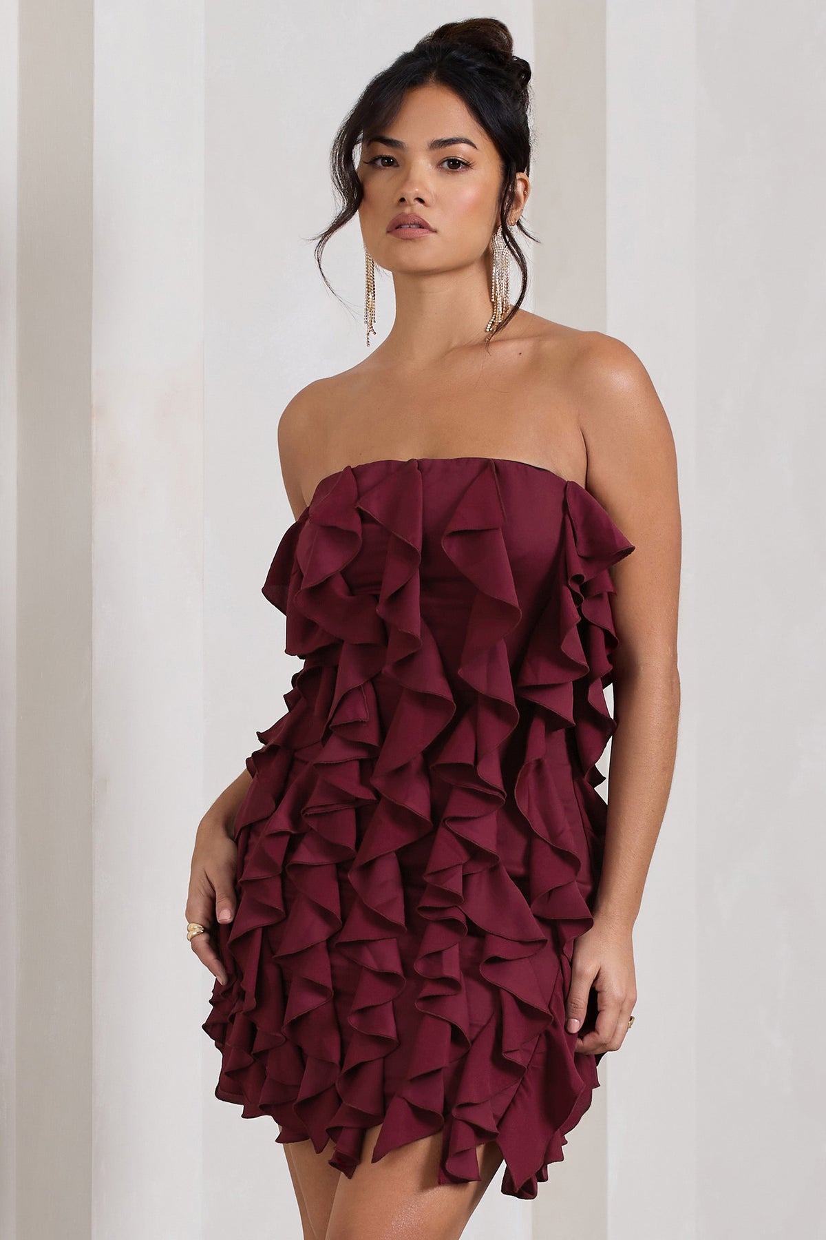It Girl Plum Bandeau Bodycon Mini Dress With Ruffles – Club L 