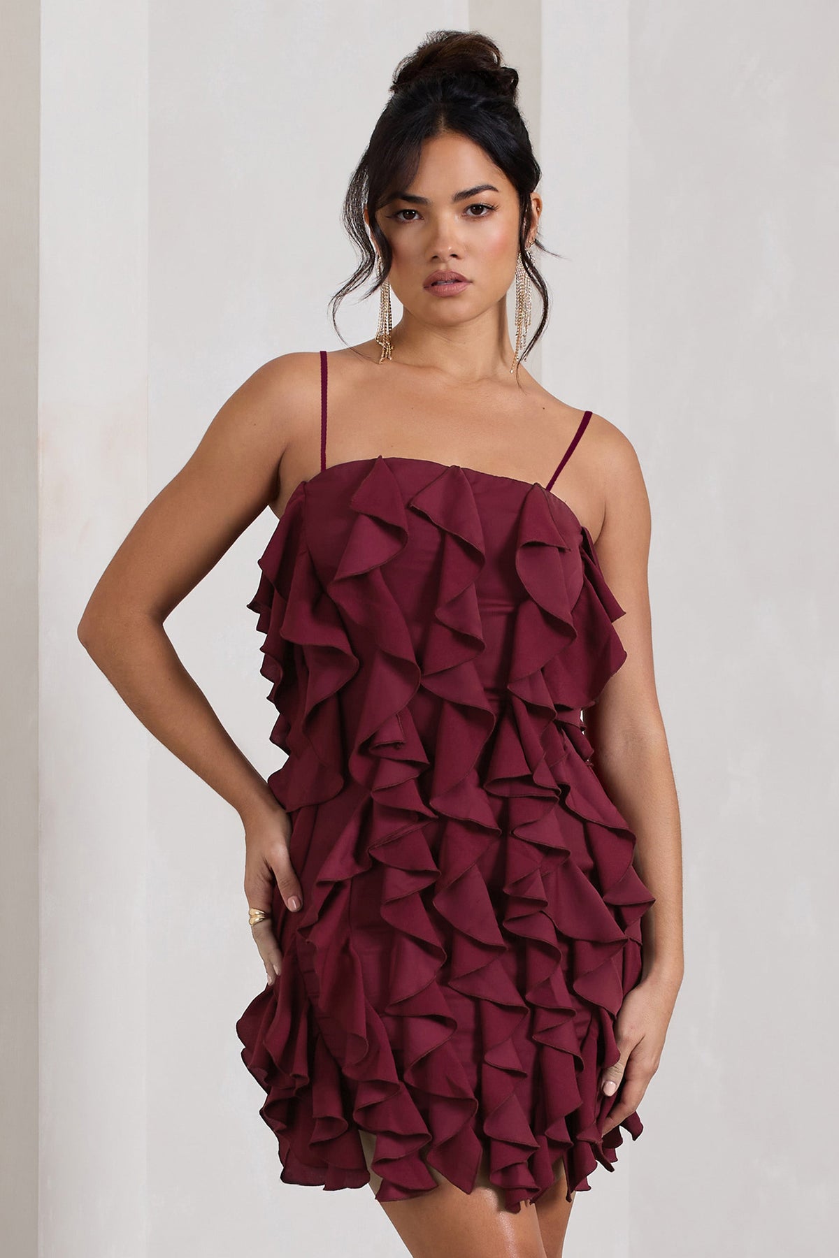 It Girl Plum Bandeau Bodycon Mini Dress With Ruffles – Club L 