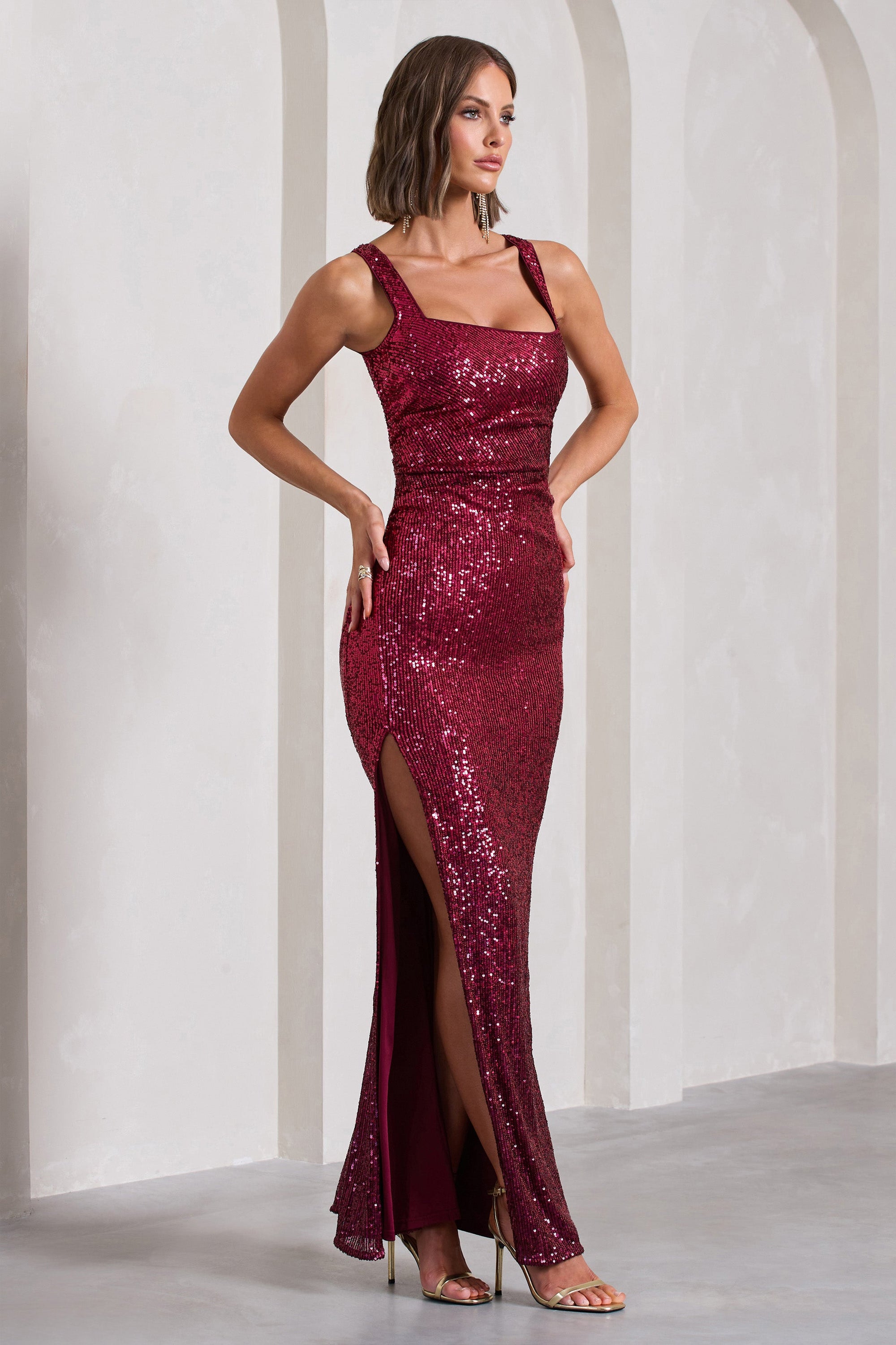 Yvonne | Plum Sequin Open-Back Bodycon Maxi Dress - Club L London - USA