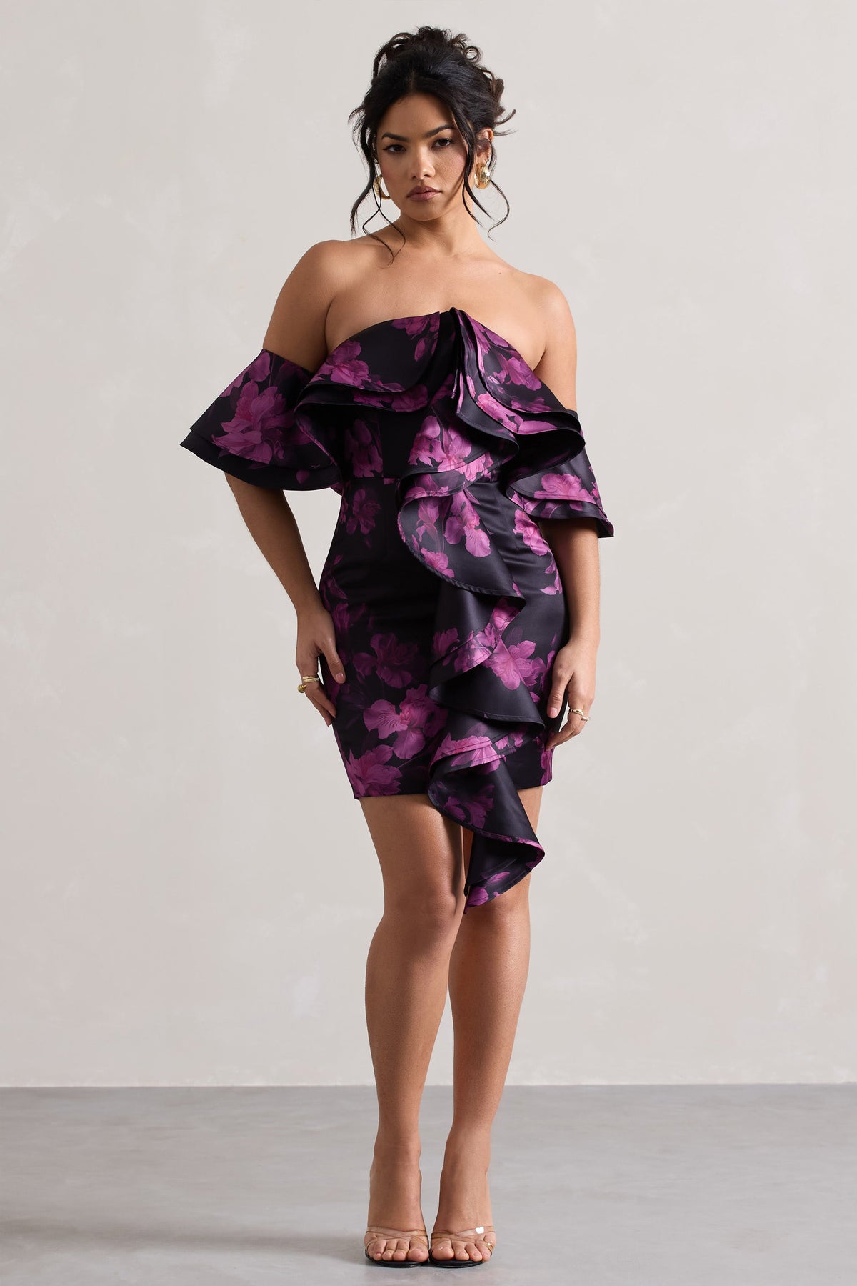 Aspen Black Floral Print Bardot Mini Dress With Ruffles Club L London - USA Aspen Black Floral Print Bardot Mini Dress With Ruffles Club L London - USA