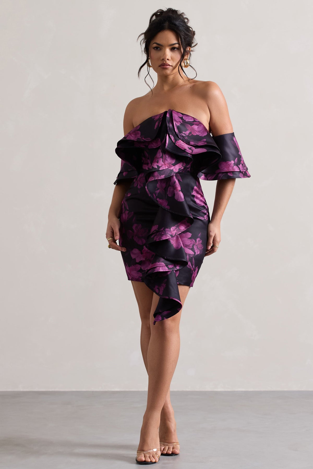Aspen Black Floral Print Bardot Mini Dress With Ruffles Club L London - USA Aspen Black Floral Print Bardot Mini Dress With Ruffles Club L London - USA