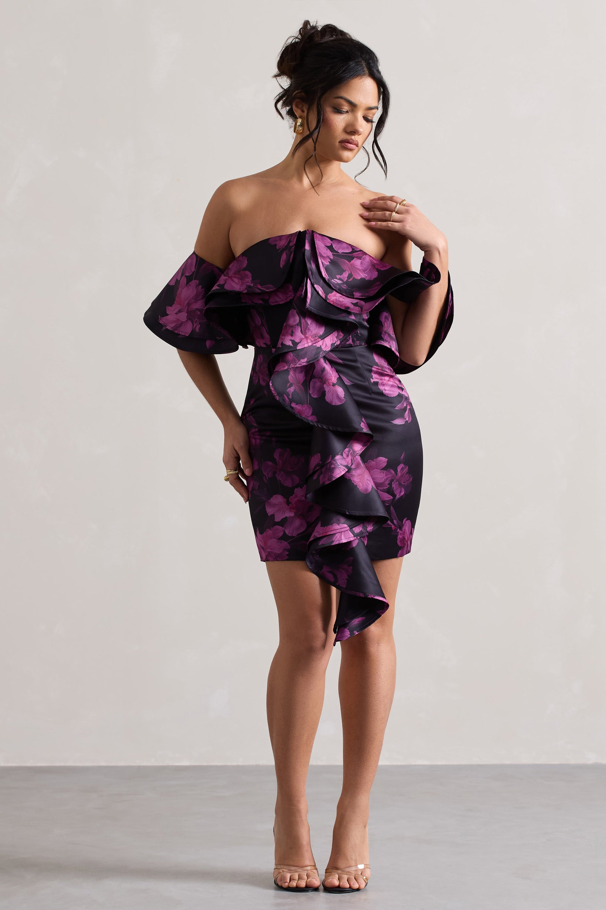 Aspen | Black Floral Print Bardot Mini Dress With Ruffles - Club L London - USA