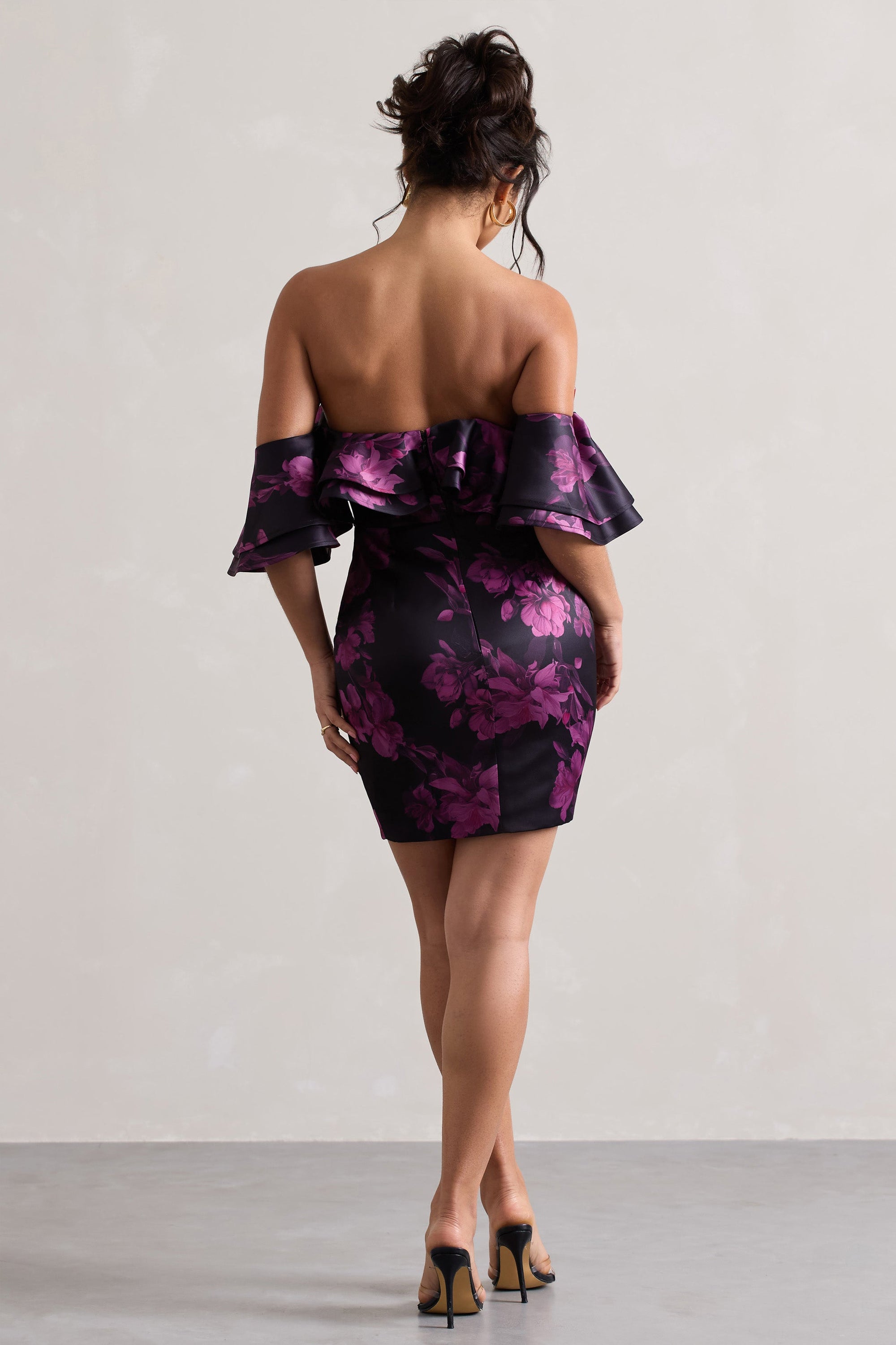 Aspen | Black Floral Print Bardot Mini Dress With Ruffles - Club L London - USA