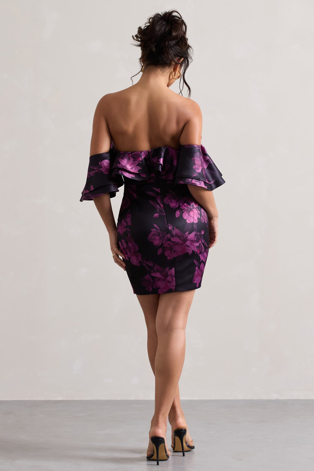 Aspen Black Floral Print Bardot Mini Dress With Ruffles – Club L London Aspen Black Floral Print Bardot Mini Dress With Ruffles – Club L London