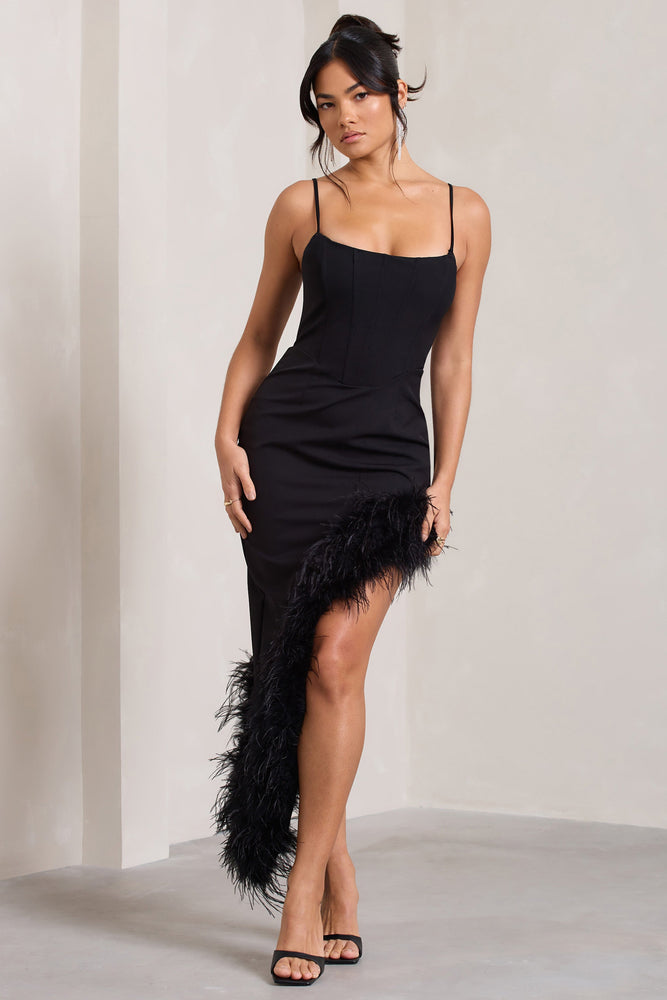 High Status | Black Strappy Corset Asymmetric Maxi Dress With Feather Trim