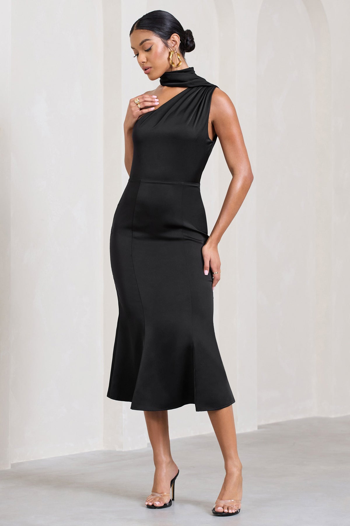 Golden Girl | Black Satin One Shoulder High-Neck Flared Midi Dress