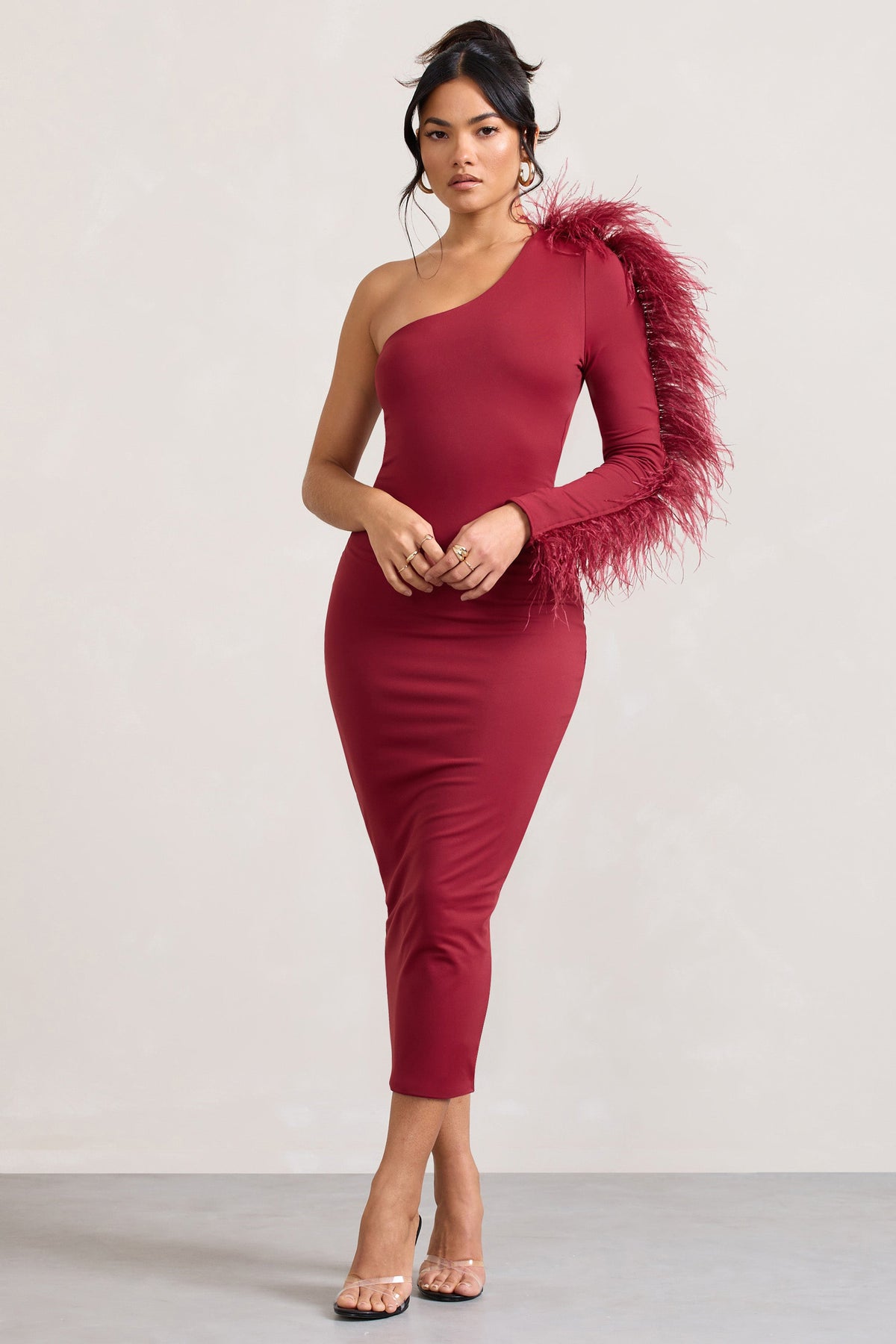 Wild One | Burgundy One-Shoulder Bodycon Midi Dress With Feather-Trimmed Sleeve US 2 / Burgundy Wild One | Burgundy One-Shoulder Bodycon Midi Dress With Feather-Trimmed Sleeve US 2 / Burgundy