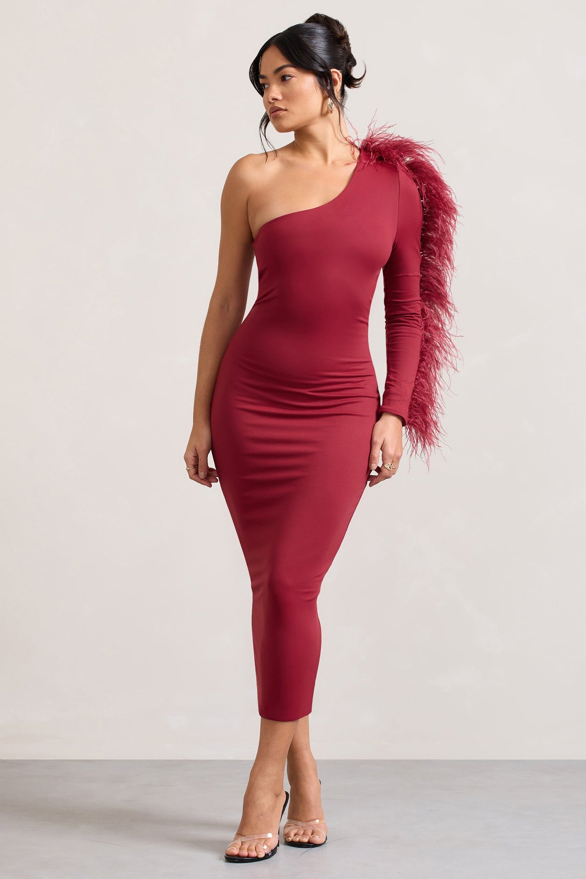 Wild One | Burgundy One-Shoulder Bodycon Midi Dress With Feather-Trimmed Sleeve US 2 / Burgundy Wild One | Burgundy One-Shoulder Bodycon Midi Dress With Feather-Trimmed Sleeve US 2 / Burgundy