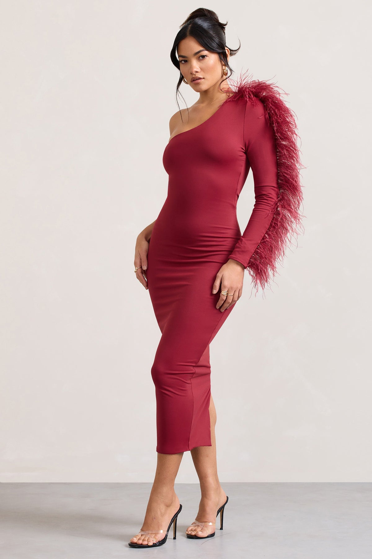 Wild One | Burgundy One-Shoulder Bodycon Midi Dress With Feather-Trimmed Sleeve US 2 / Burgundy Wild One | Burgundy One-Shoulder Bodycon Midi Dress With Feather-Trimmed Sleeve US 2 / Burgundy