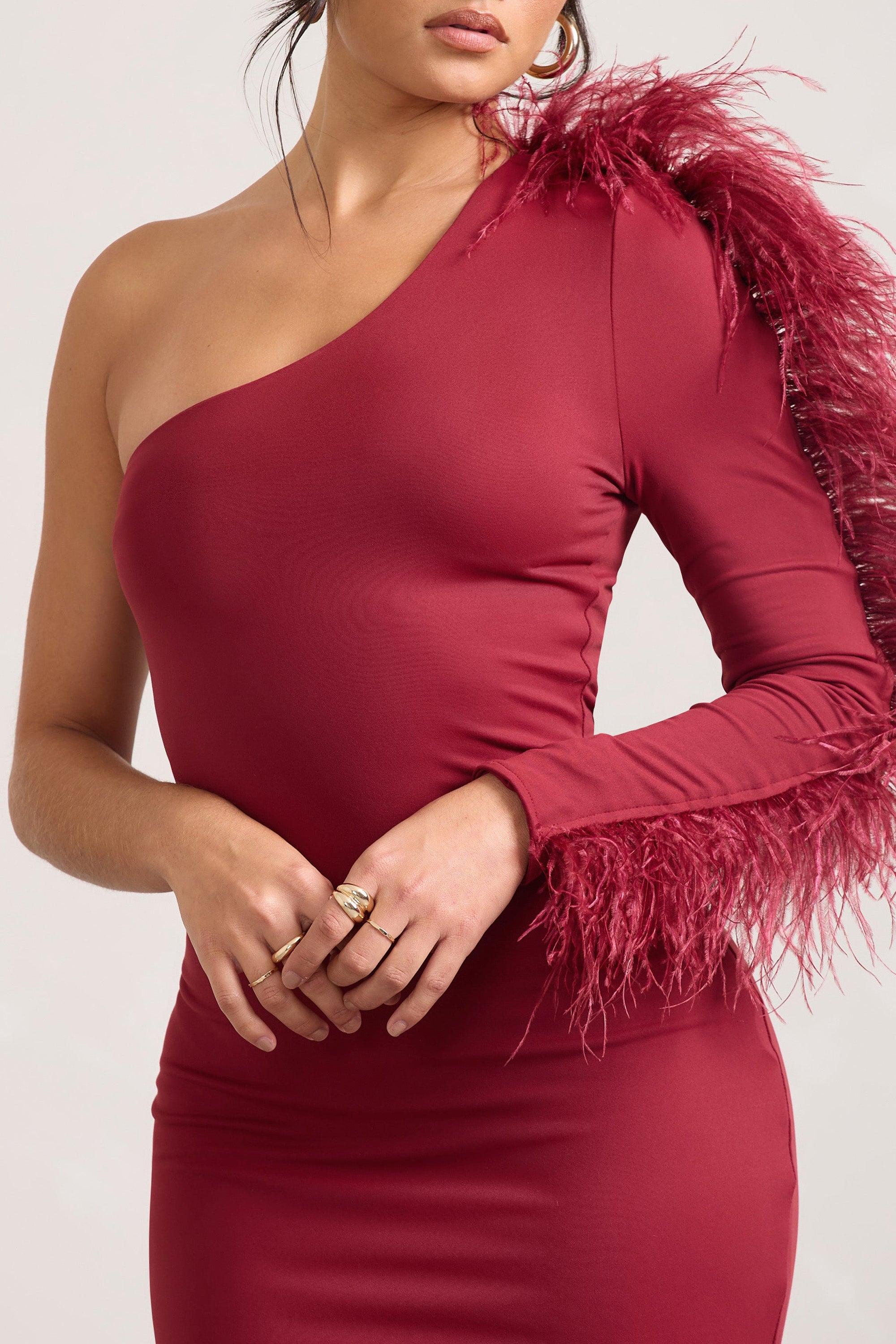Wild One | Burgundy One-Shoulder Bodycon Midi Dress With Feather-Trimmed Sleeve - Club L London - USA