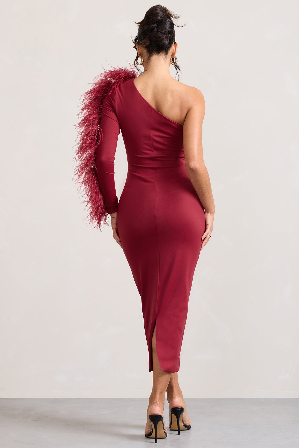 Wild One | Burgundy One-Shoulder Bodycon Midi Dress With Feather-Trimmed Sleeve US 2 / Burgundy Wild One | Burgundy One-Shoulder Bodycon Midi Dress With Feather-Trimmed Sleeve US 2 / Burgundy