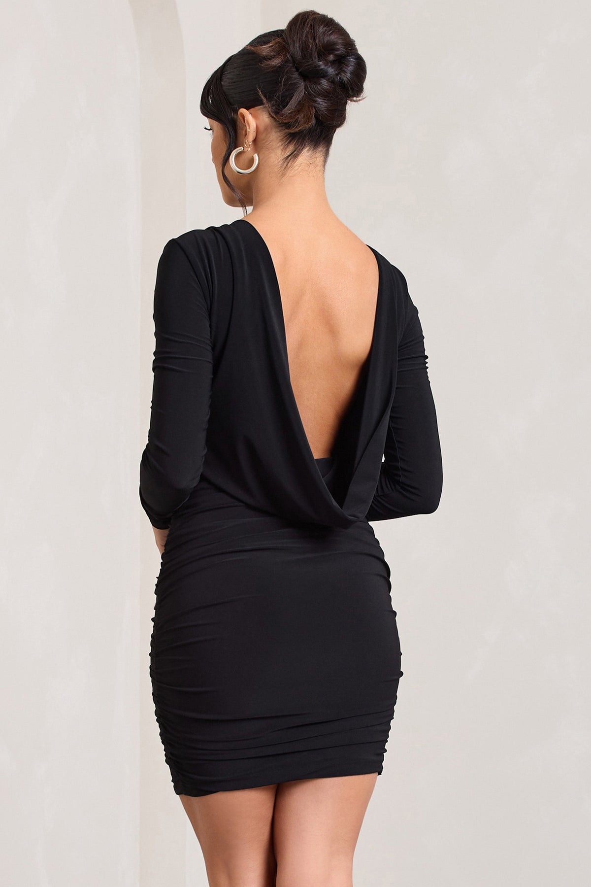 Our Star Black Cowl-Back Long-Sleeved Bodycon Mini Dress – Club L