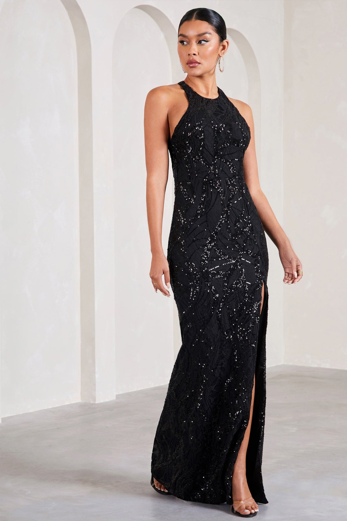 Down The Line Black Sequin Bandeau Split Maxi Dress With Feather Tri – Club  L London - USA