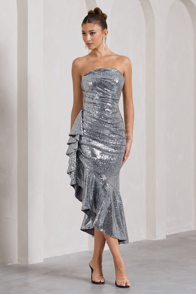 Marilyn Silver Sequin Long-Sleeved Midi Dress With Feather Cuffs – Club L  London - USA