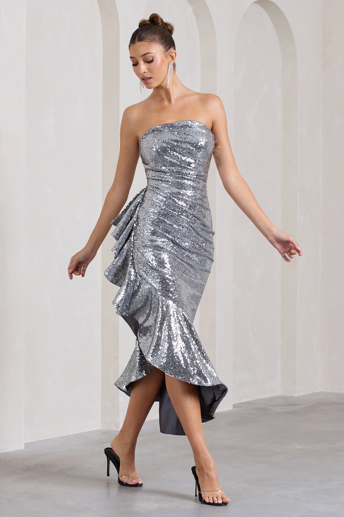 New World Silver Sequin Strapless Maxi Dress With Ruffles – Club L London -  USA