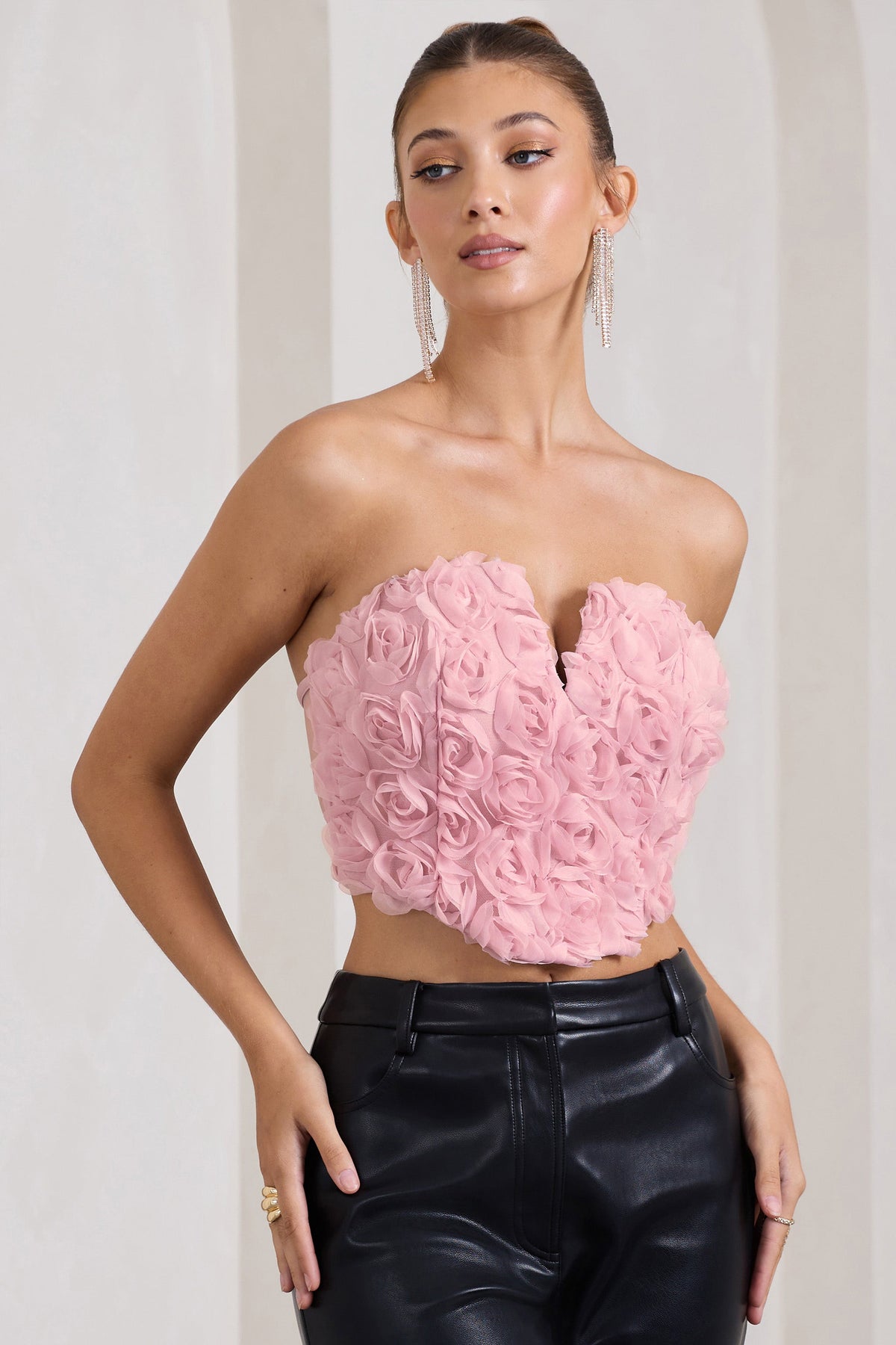 Pink See Through Floral Elastic Lace Bandeau Top  