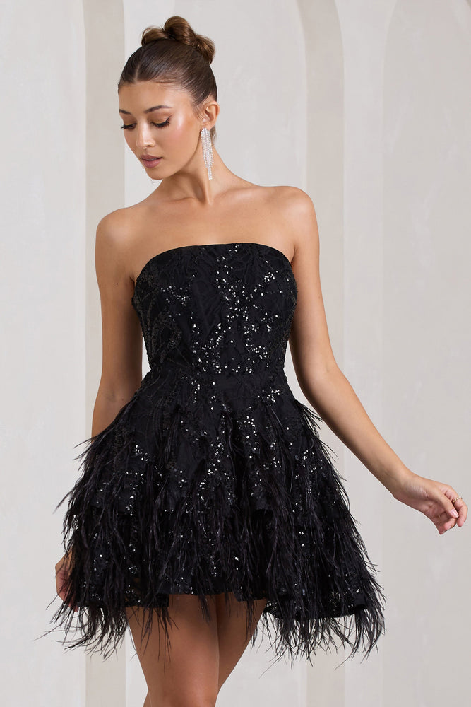 Little Wish | Black Sequin Lace Strapless Mini Dress With Feathers AU 8 / Black Little Wish | Black Sequin Lace Strapless Mini Dress With Feathers AU 8 / Black