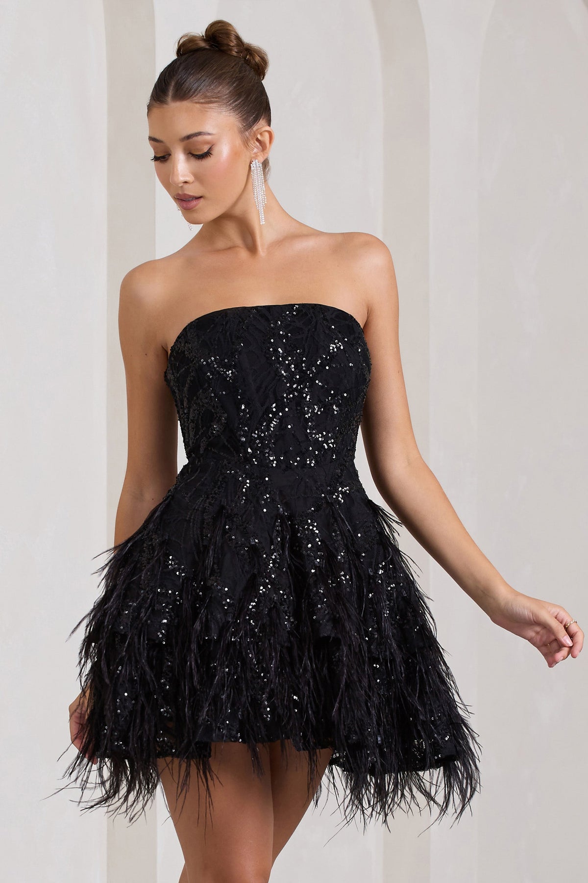Little Wish | Black Sequin Lace Strapless Mini Dress With Feathers AU 8 / Black Little Wish | Black Sequin Lace Strapless Mini Dress With Feathers AU 8 / Black