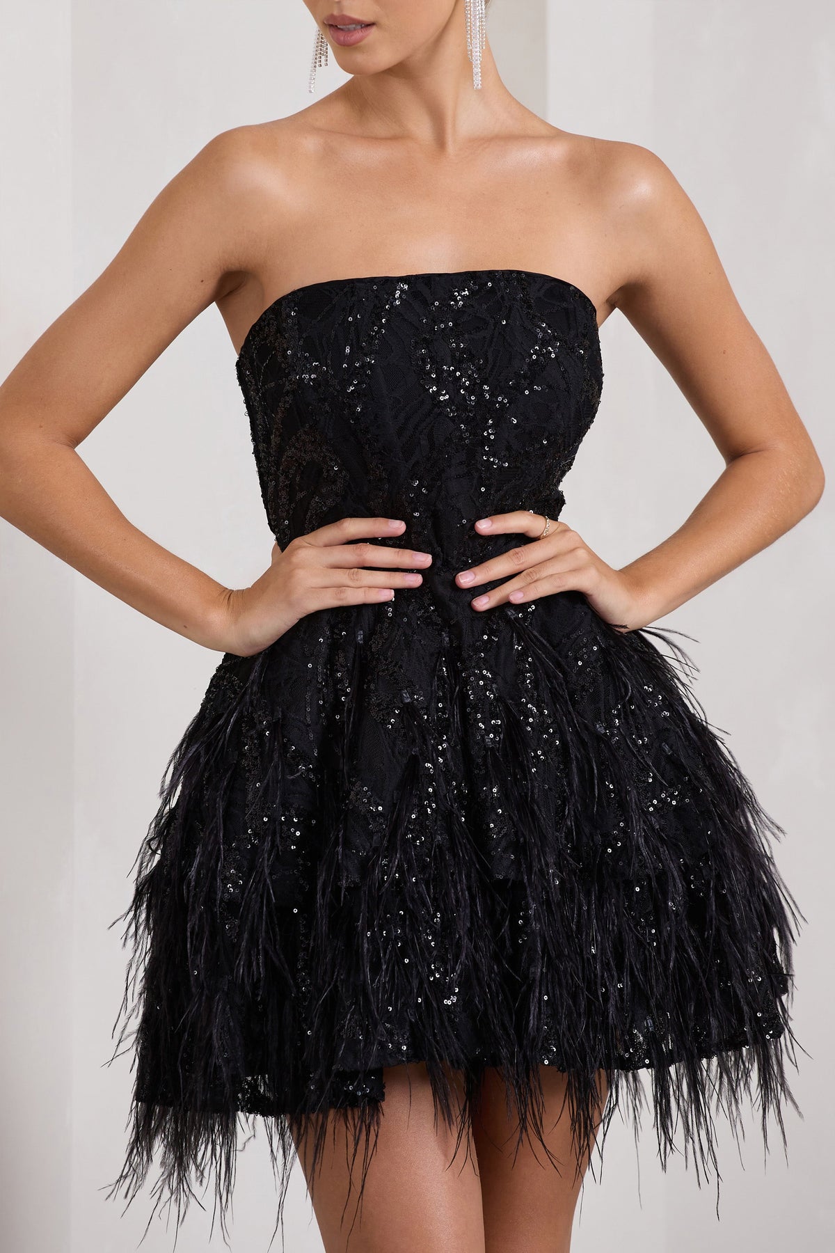 Little Wish Black Sequin Lace Strapless Mini Dress With Feathers Club L London - USA Little Wish Black Sequin Lace Strapless Mini Dress With Feathers Club L London - USA