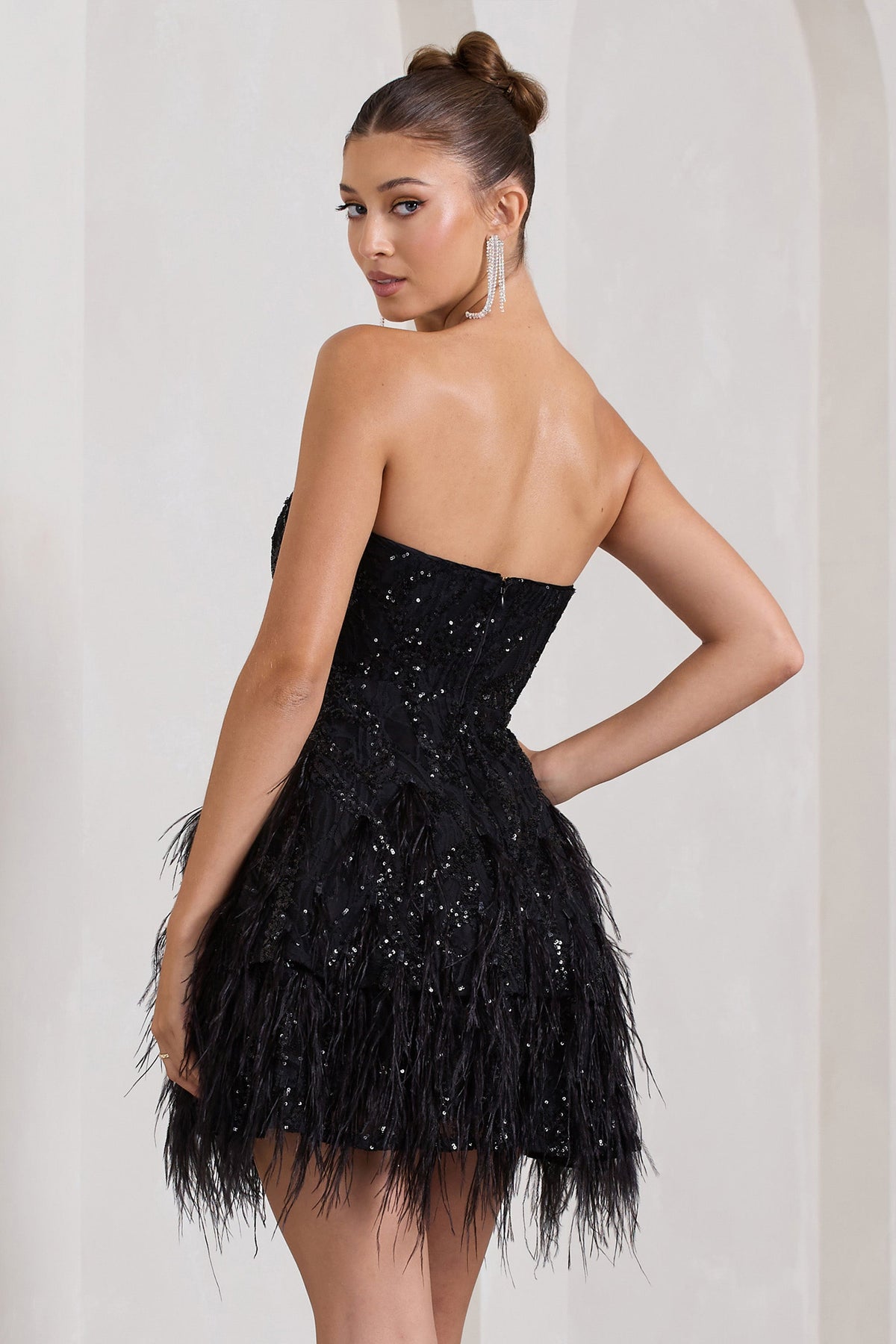 Little Wish Black Sequin Lace Strapless Mini Dress With Feathers Club L London - USA Little Wish Black Sequin Lace Strapless Mini Dress With Feathers Club L London - USA