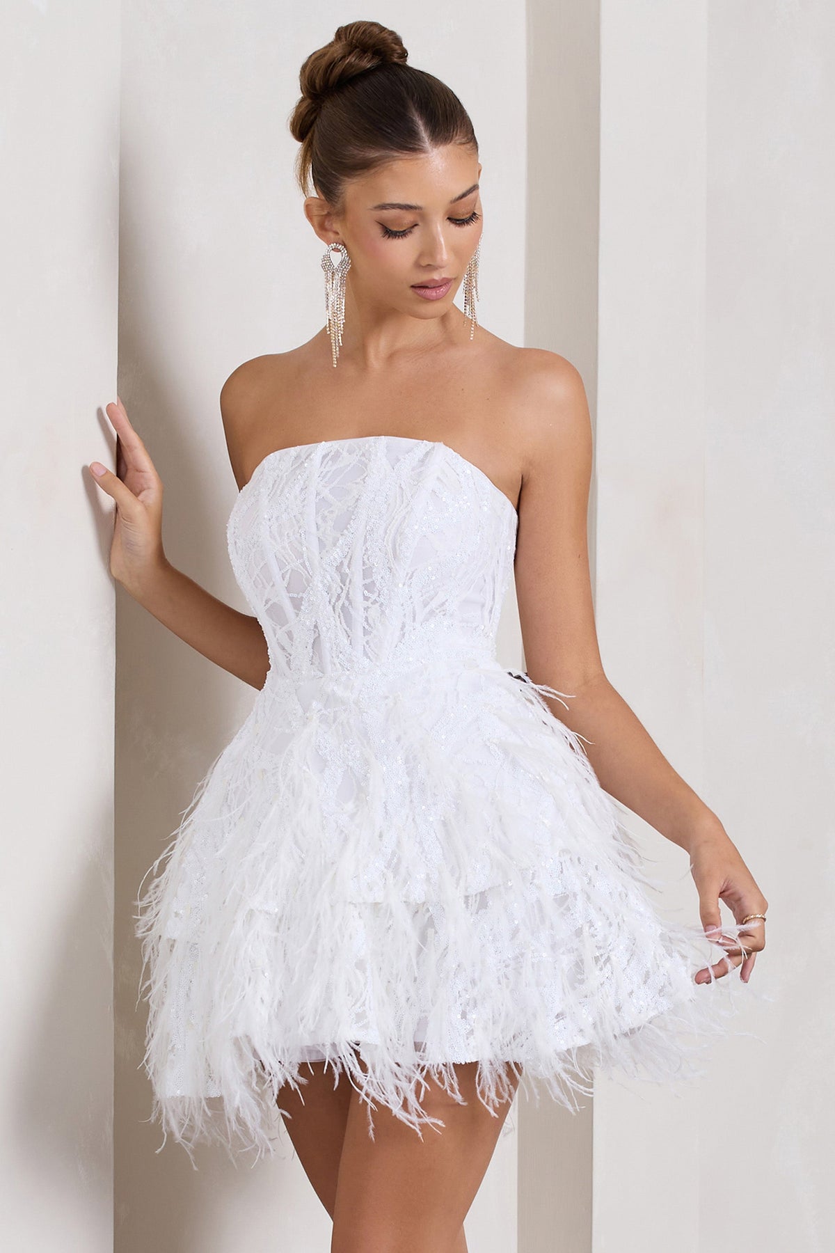 Little Wish White Sequin Lace Strapless Mini Dress With Feathers – Club L  London - USA