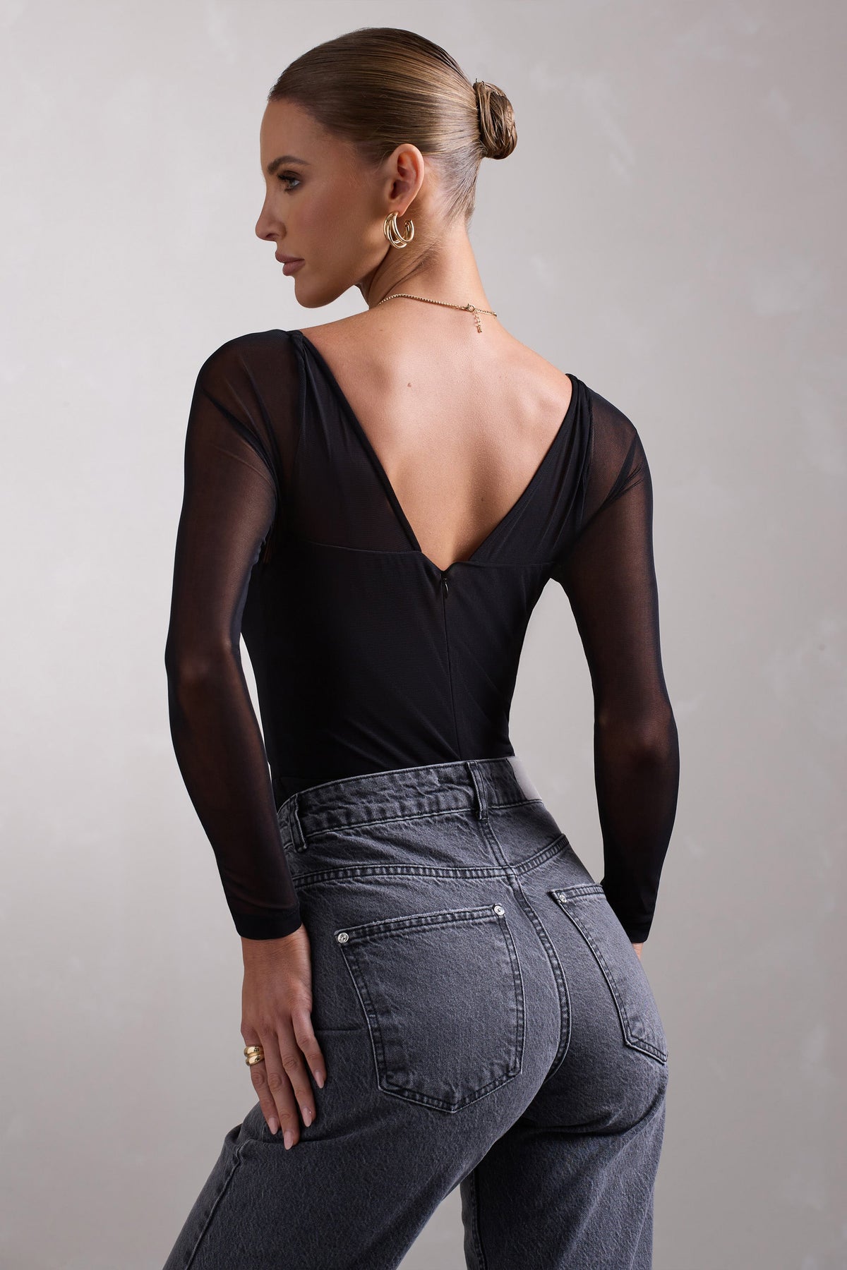 Arienna Black Ruched Mesh Long-Sleeved Corset Bodysuit – Club L