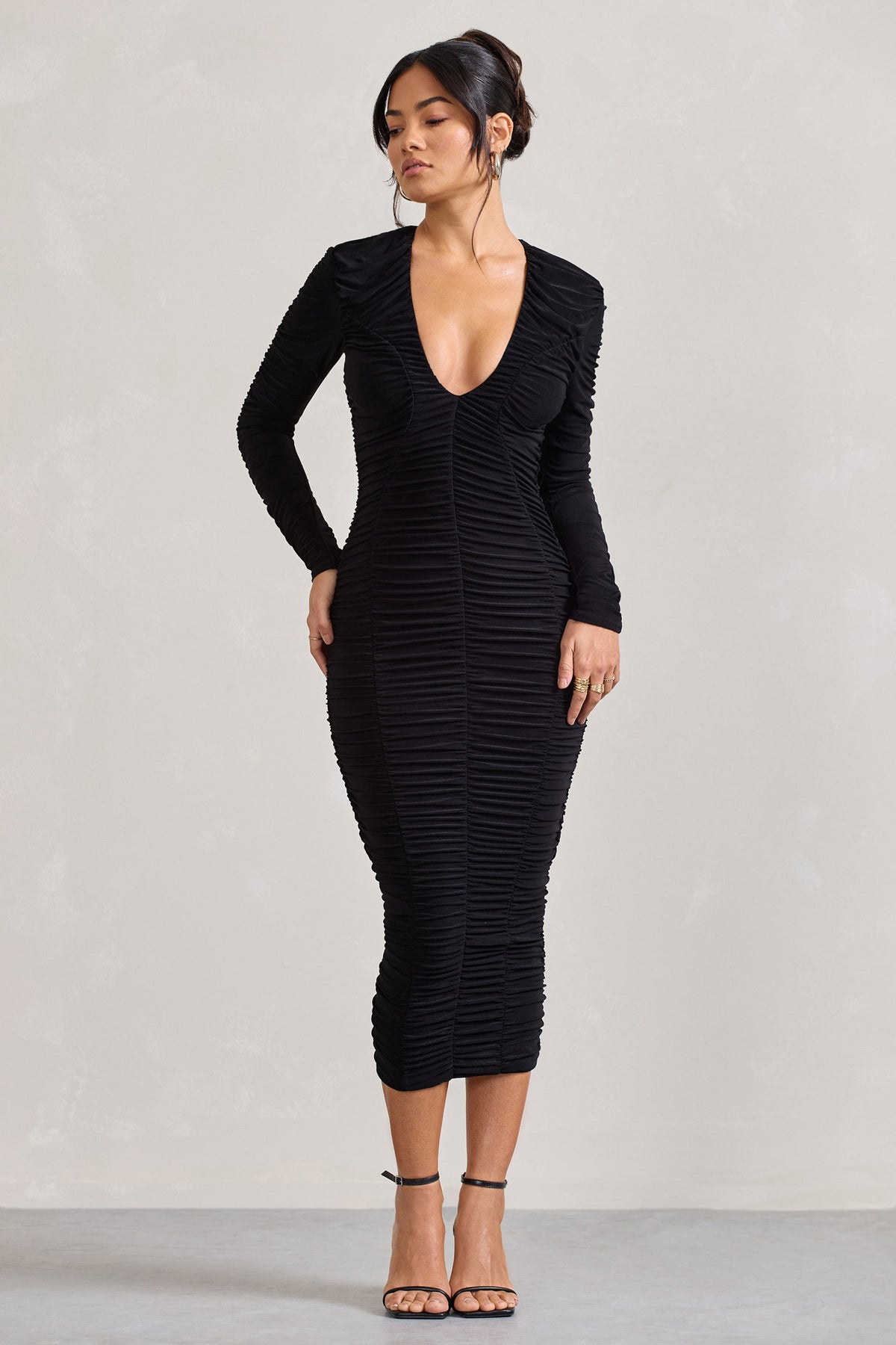 Elisabeth | Black V-Neck Long-Sleeved Midi Dress