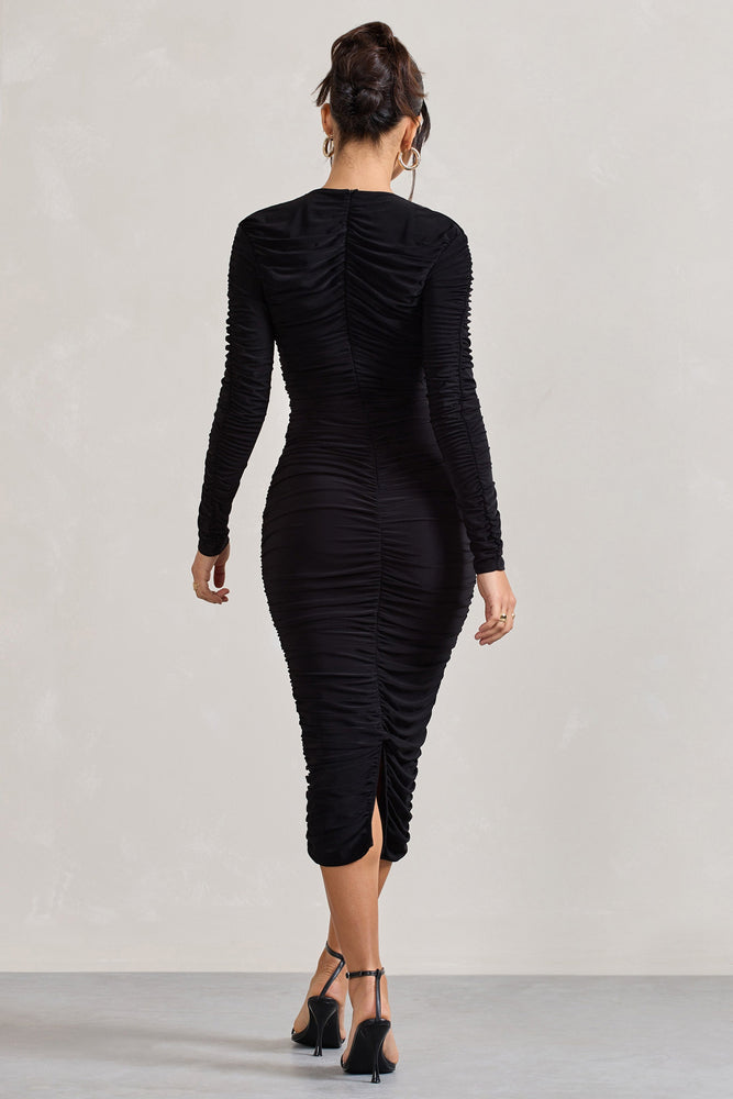 Elisabeth Black Mesh V-Neck Long-Sleeved Maxi Dress – Club L 