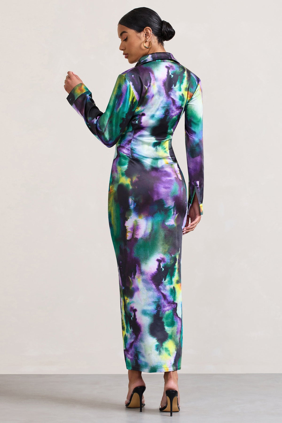 Oasis Watercolour Print Satin Long-Sleeved Maxi Shirt Dress – Club L London  - USA