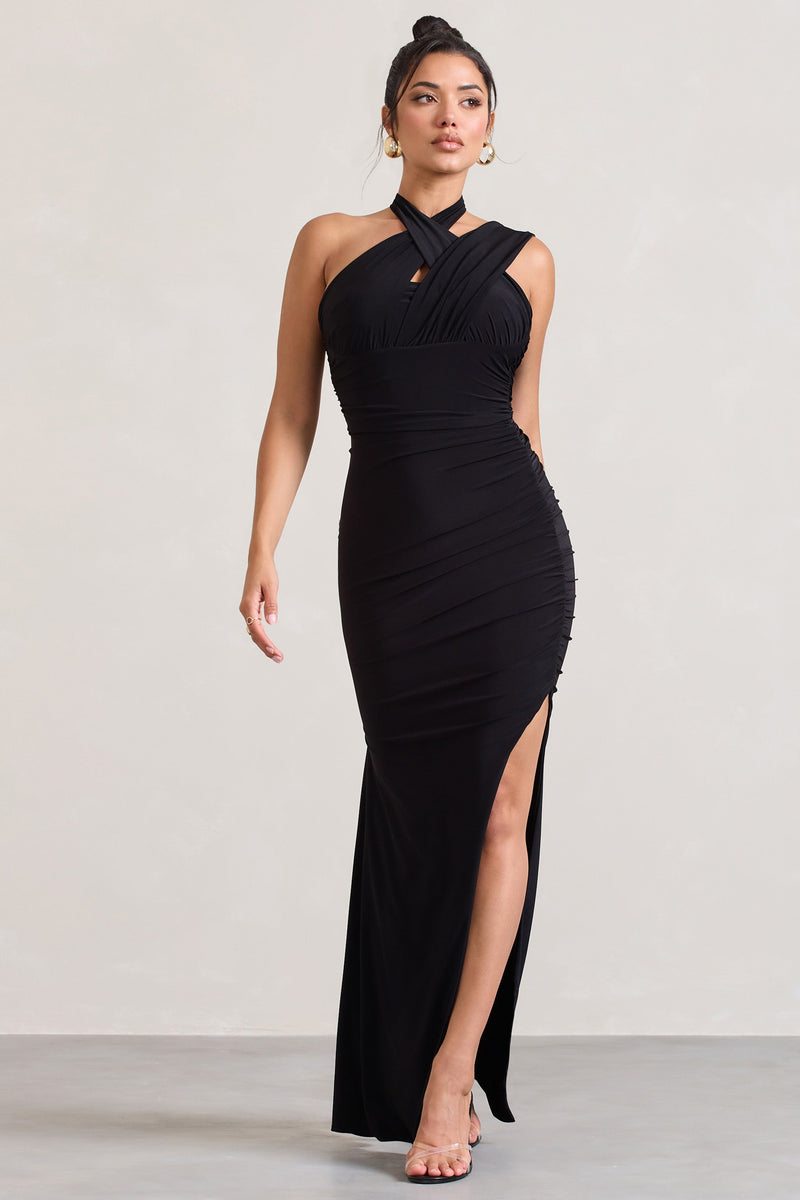 Ignite Black Strappy Halter-Neck Asymmetric Maxi Dress – Club L London ...