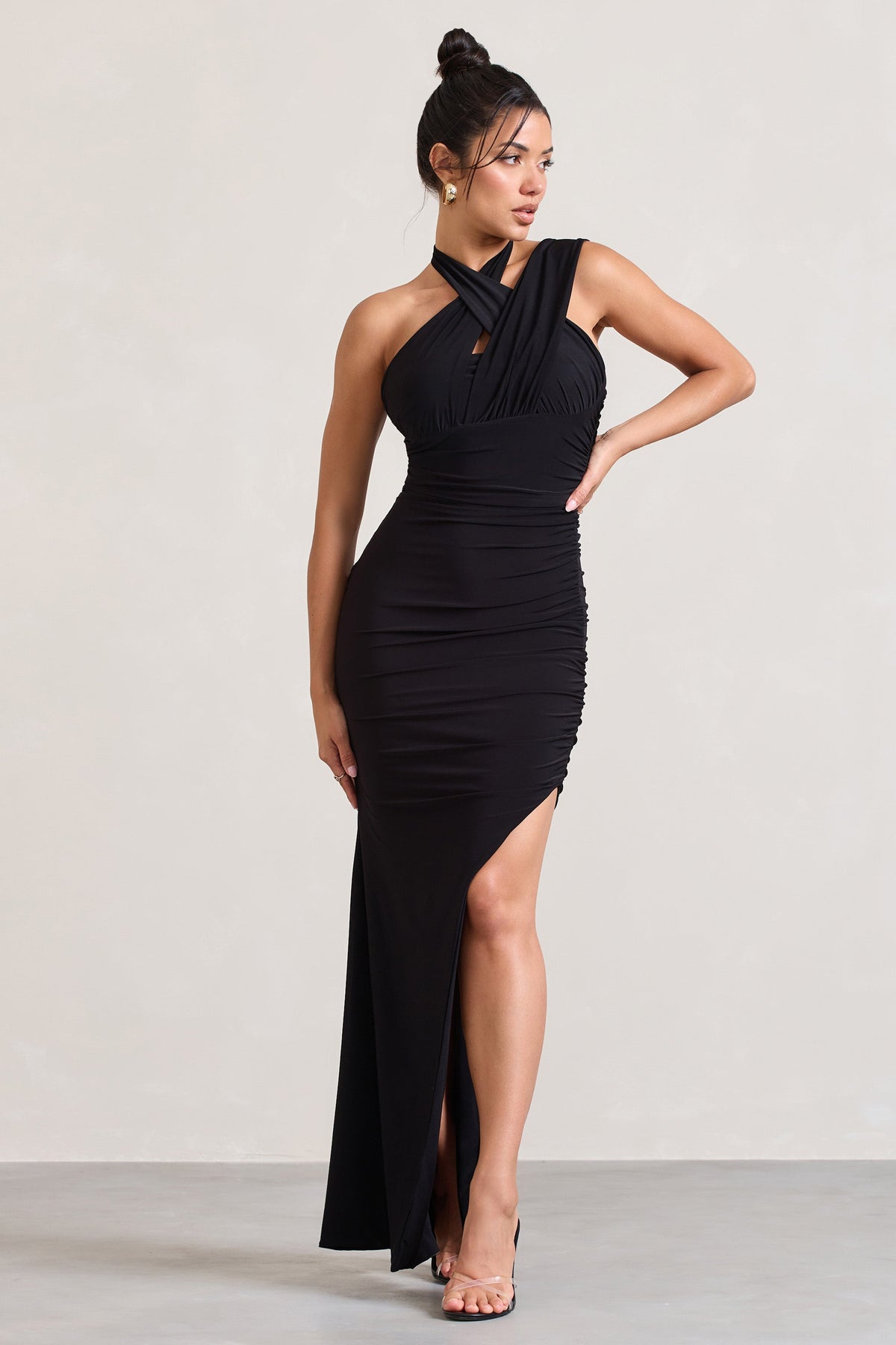 Ignite Black Strappy Halter-Neck Asymmetric Maxi Dress – Club L London ...