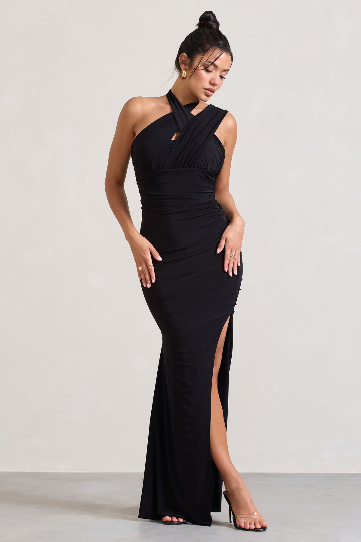 Betty | Black High Neck Long Sleeve Maxi Dress with Feather Cuffs