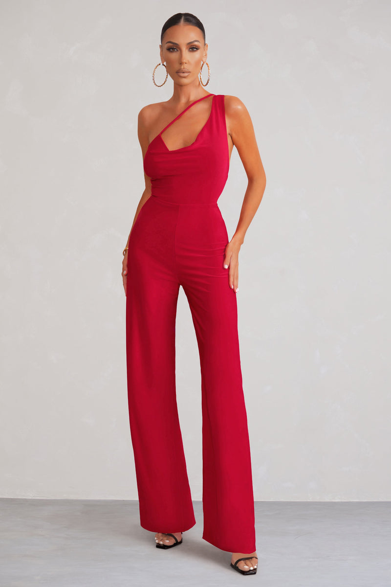 Vienna Red Asymmetric Cowl Neck Wide Leg Jumpsuit With Open Back Det ...