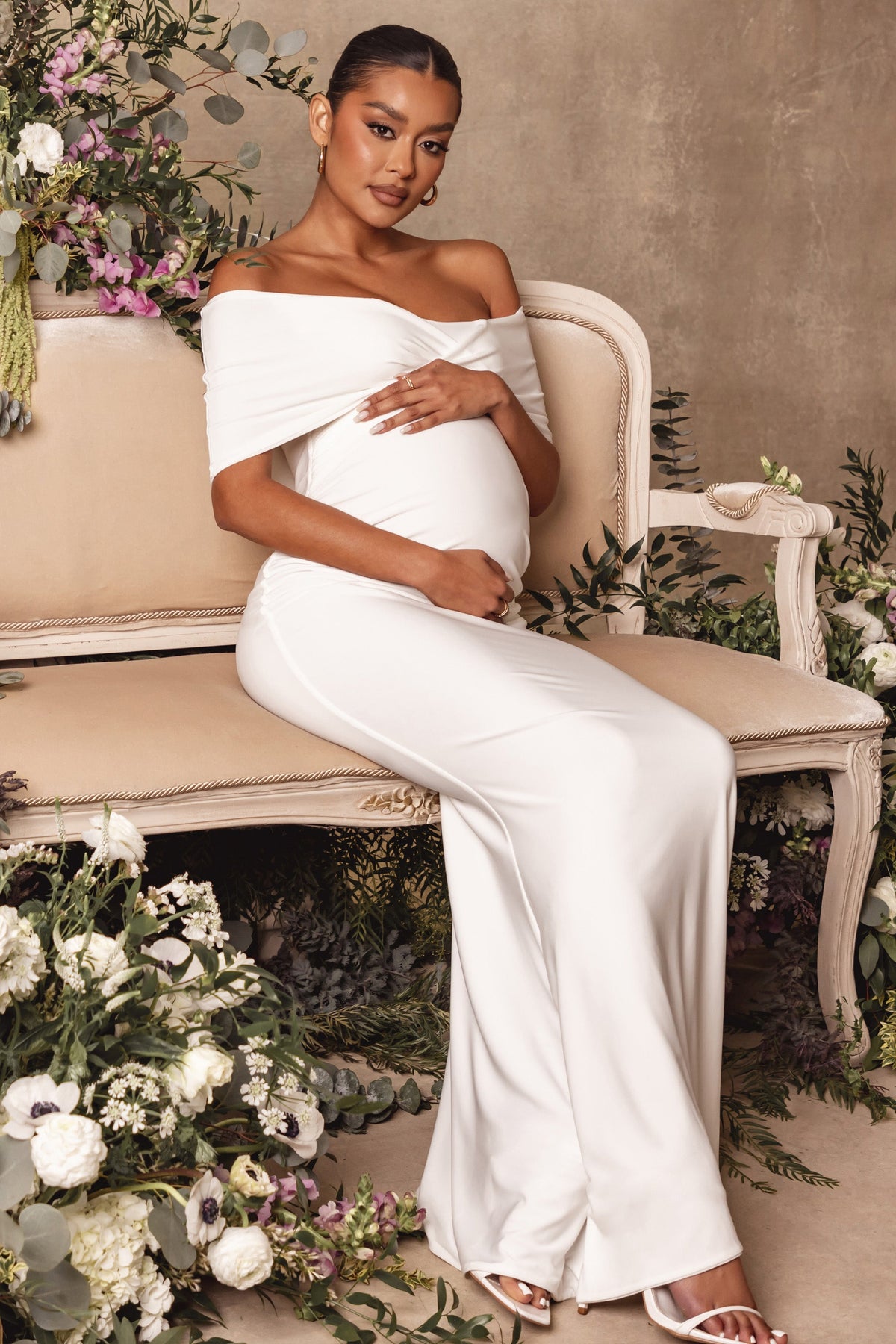 Amal White Bardot Wrap Neckline Maternity Maxi Dress – Club L