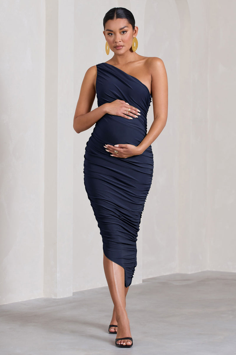 Late Night Navy Maternity Ruched One Shoulder Midi Dress – Club L ...