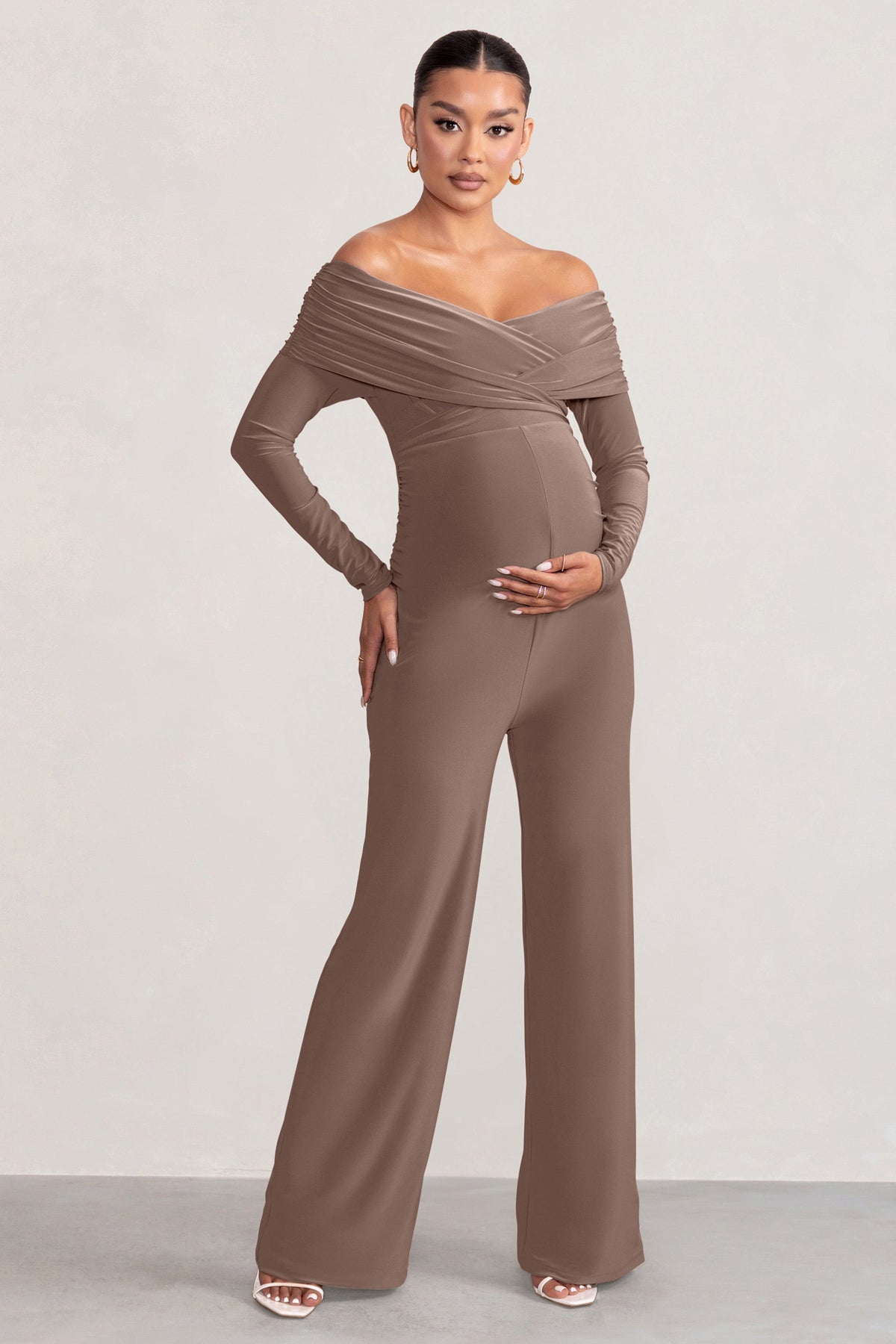 Nuala | Mocha Bardot Maternity Jumpsuit with Long Sleeves