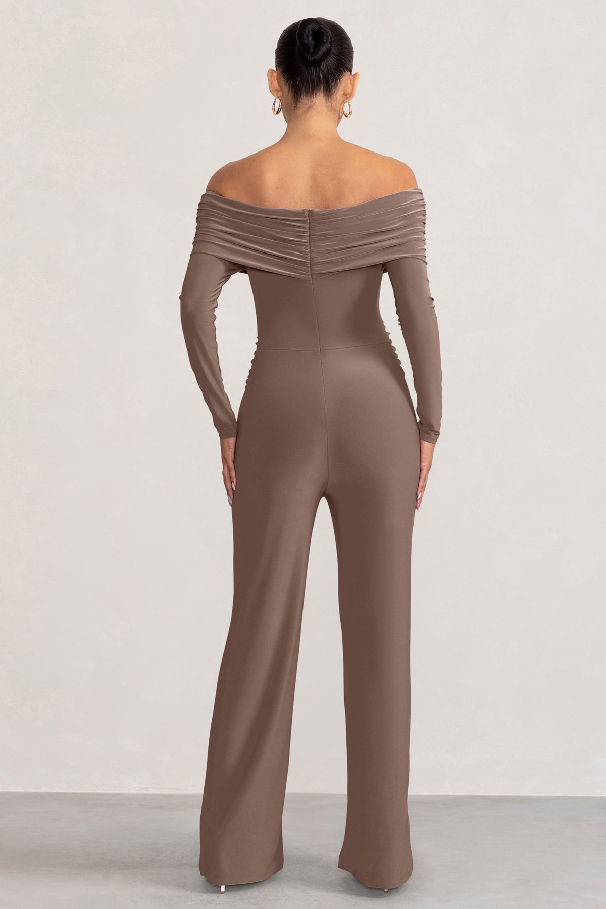 Nuala | Mocha Bardot Maternity Jumpsuit with Long Sleeves