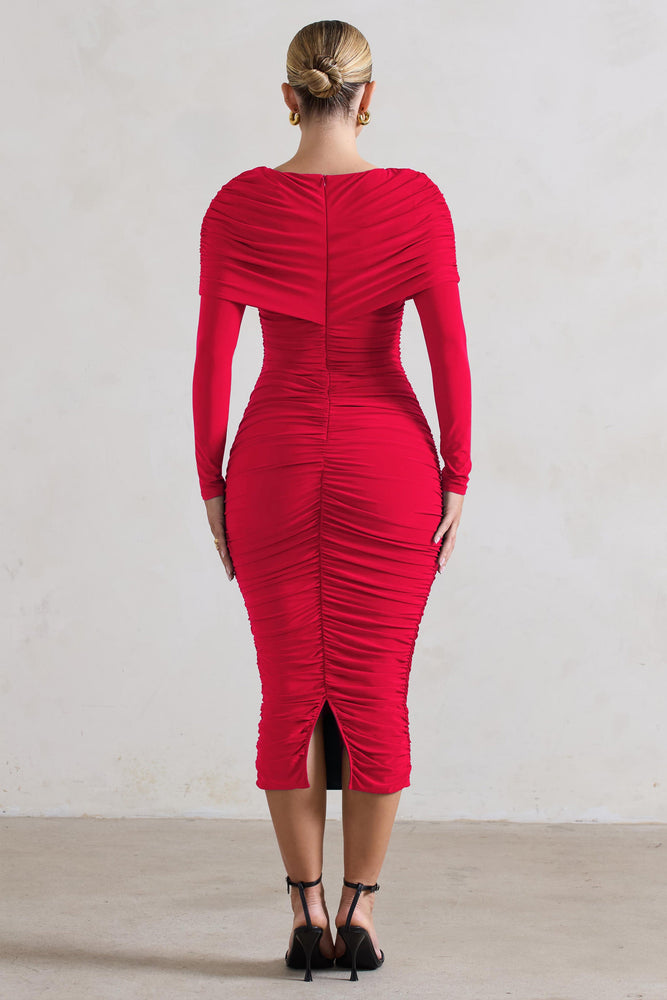 Adyce pleated frill and long sleeve ruched detailing dress in red