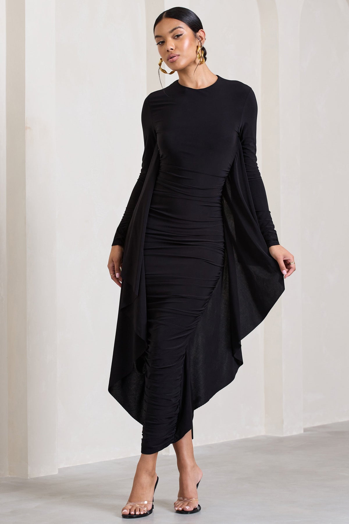 Keva Black Long Sleeve Ruched Maxi Dress with Cape Detailing