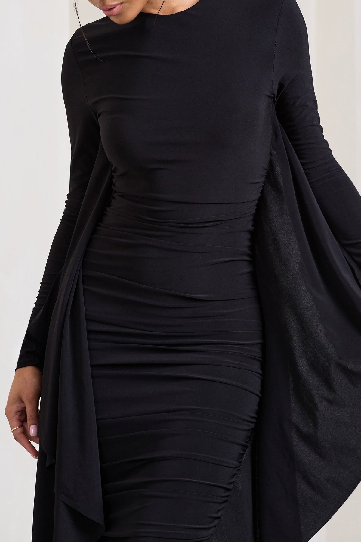 Keva Black Long Sleeve Ruched Maxi Dress with Cape Detailing – Club L  London - USA