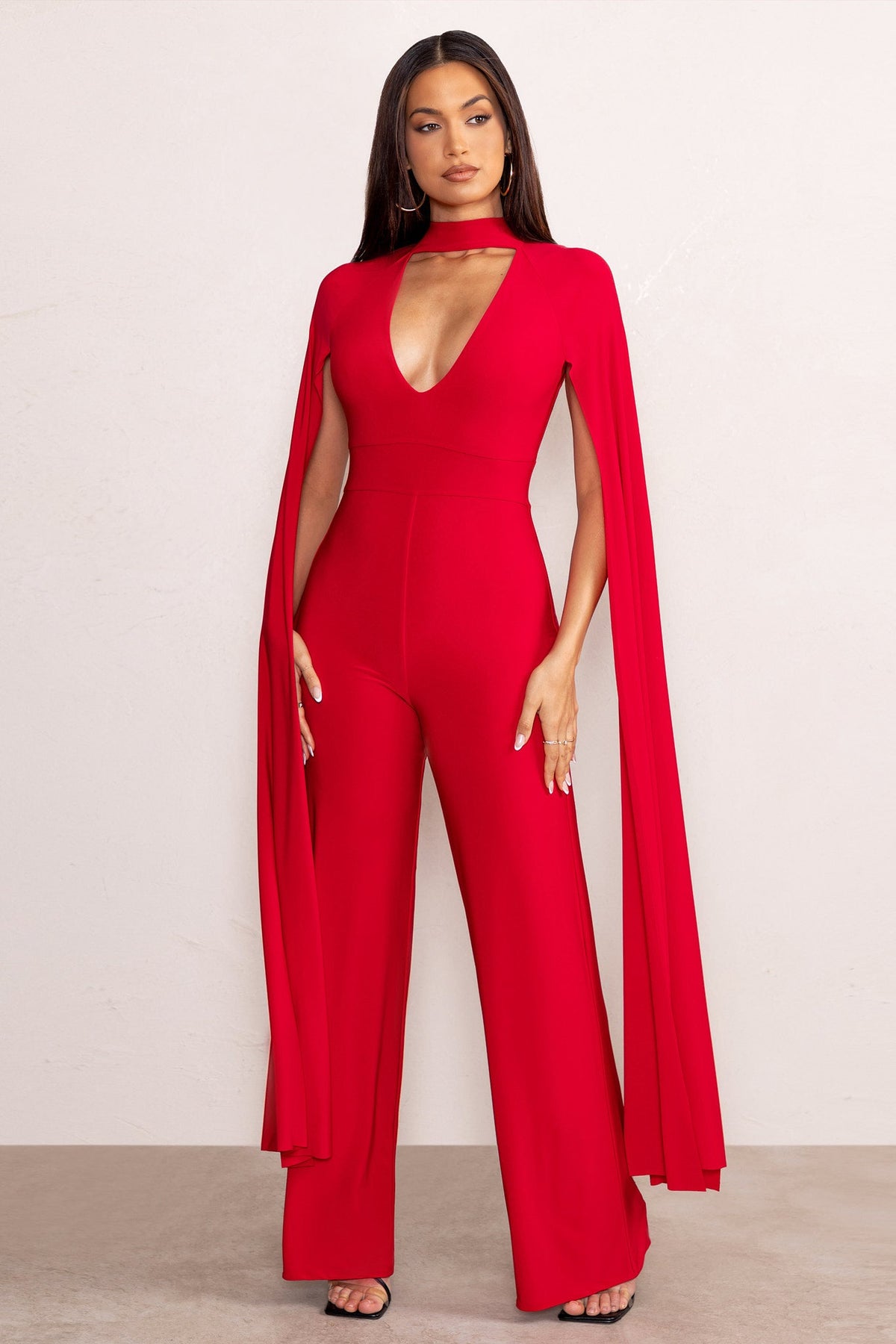 Louisa Red Plunge Neck Jumpsuit with Floor Length Cape Sleeves
