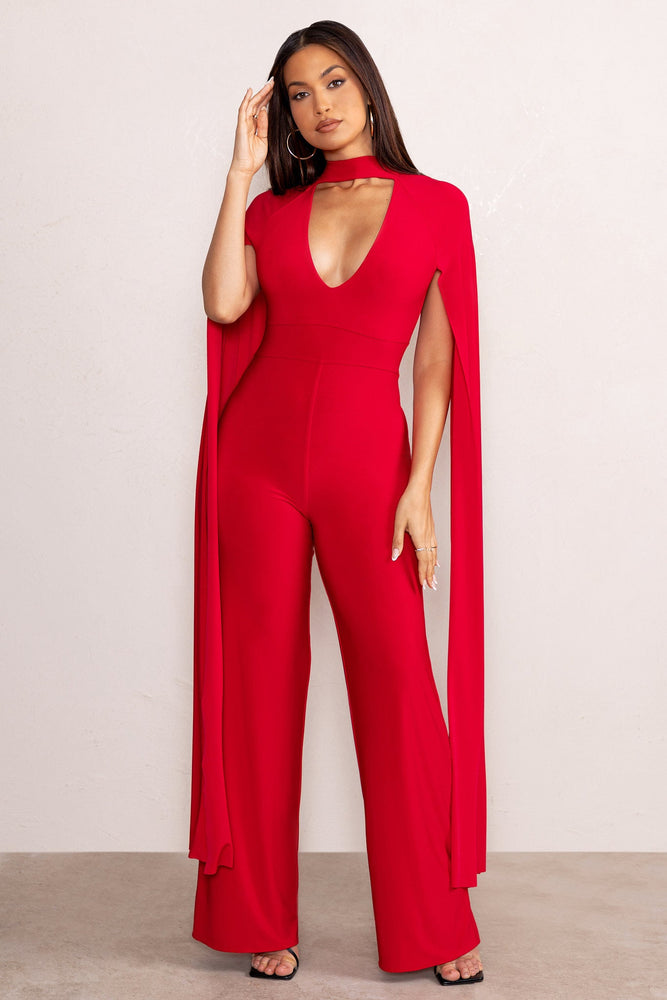 Louisa | Red Plunge Neck Jumpsuit with Floor Length Cape Sleeves